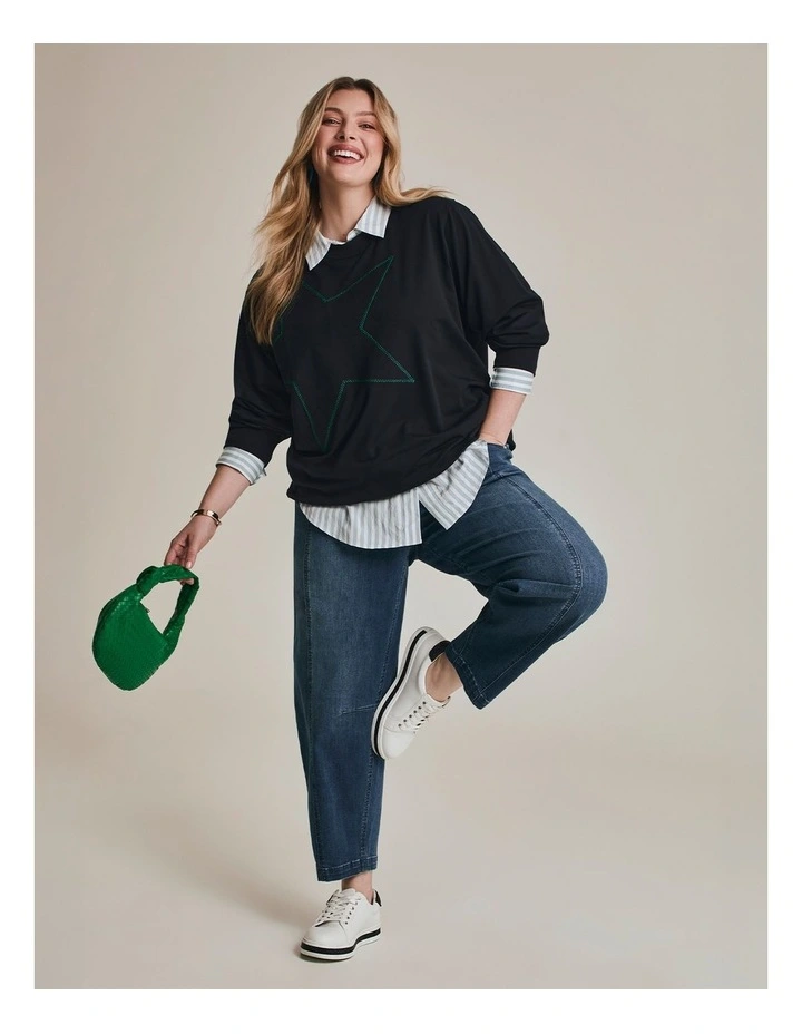 Cotton Embroidery Star Sweatshirt in Navy image 6