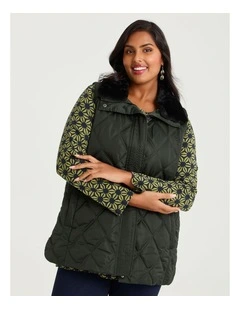 Fur Collar Quilted Vest in Chive