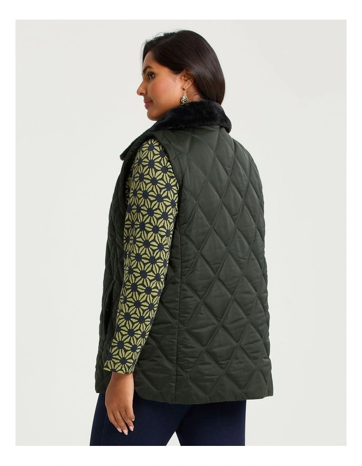 Fur Collar Quilted Vest in Chive image 2