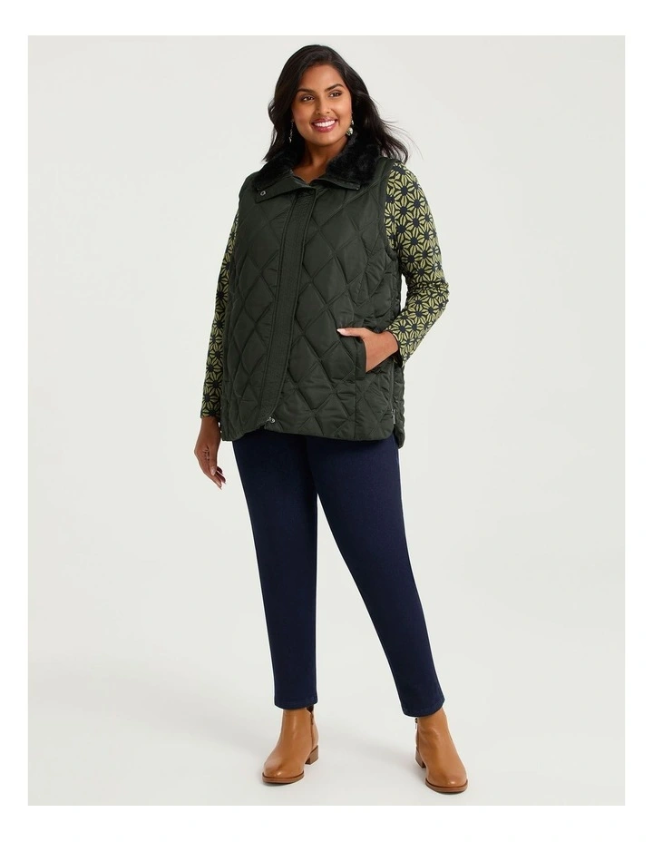 Fur Collar Quilted Vest in Chive image 3
