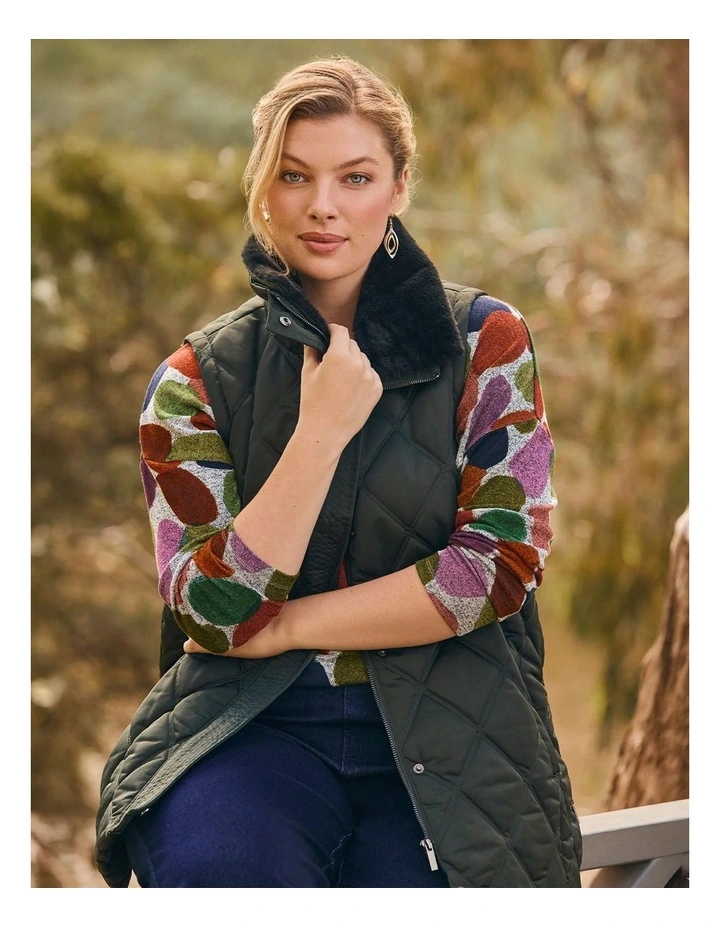 Fur Collar Quilted Vest in Chive image 4