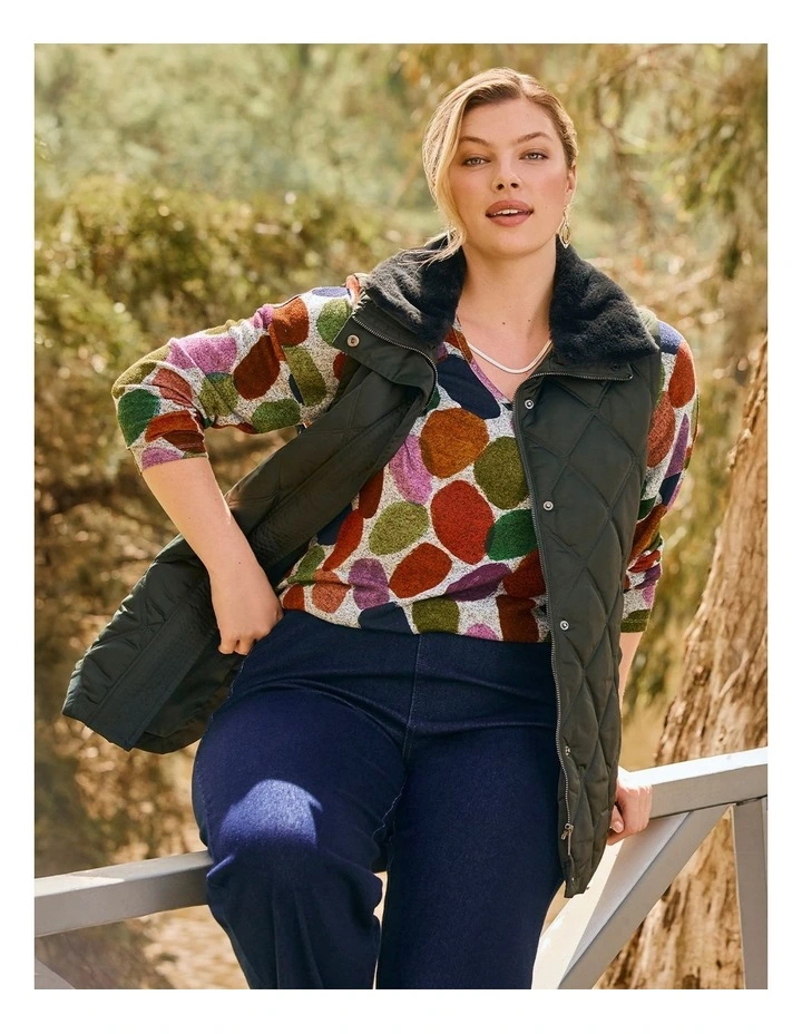 Fur Collar Quilted Vest in Chive image 5