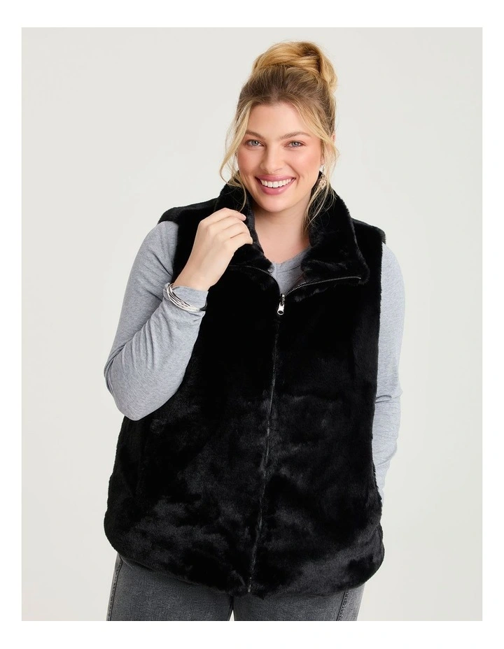 Reversible Faux Fur Hooded Vest Black image 2