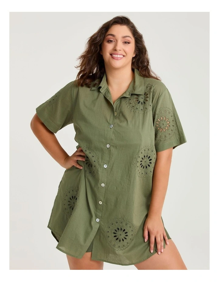Cotton Broderie Beach Shirt in Light Khaki image 3