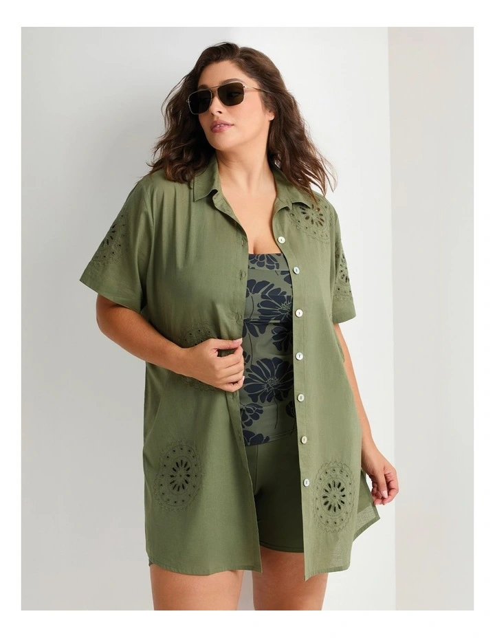 Cotton Broderie Beach Shirt in Light Khaki image 4
