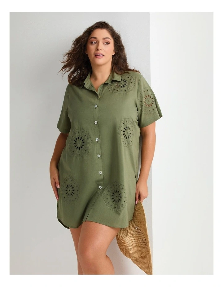 Cotton Broderie Beach Shirt in Light Khaki image 5