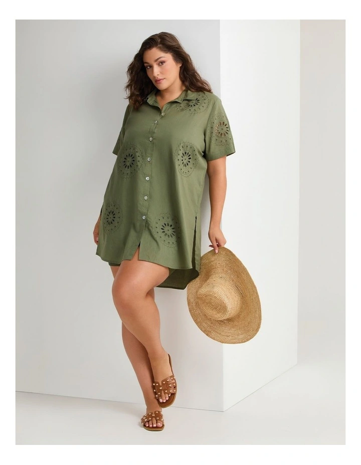 Cotton Broderie Beach Shirt in Light Khaki image 6