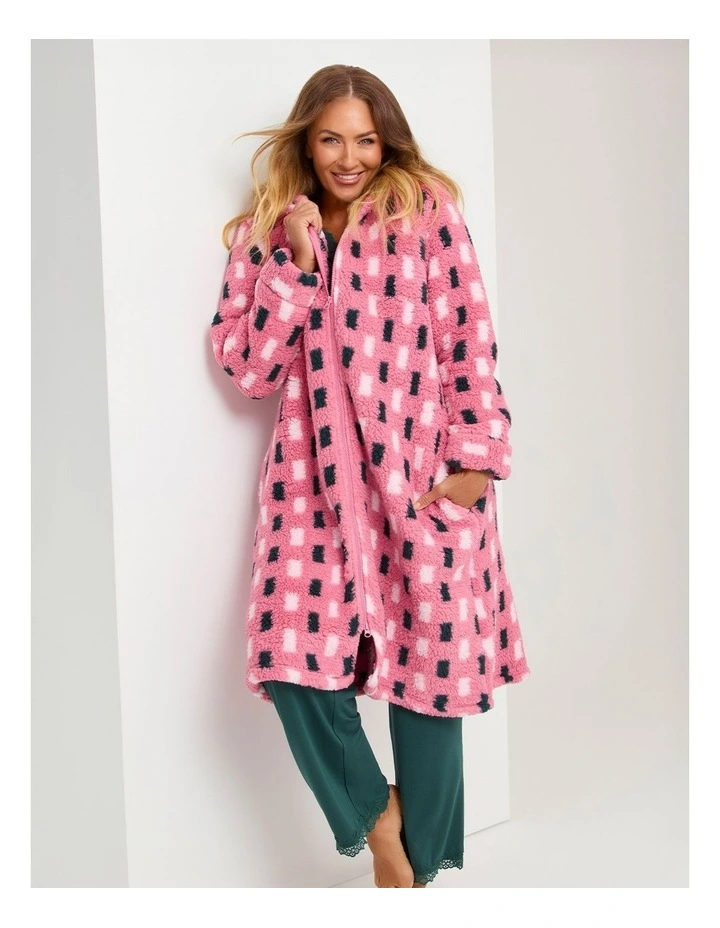 Plush Hooded Dressing Gown in Check Print image 3
