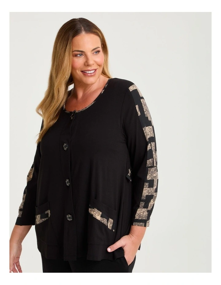Spliced Natural Pocket Cardigan Black/beige Print image 3