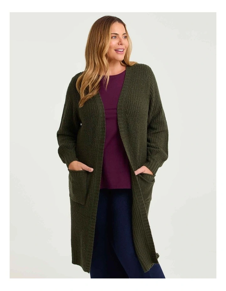 Longline Pocket Rib Cardigan Khaki image 1