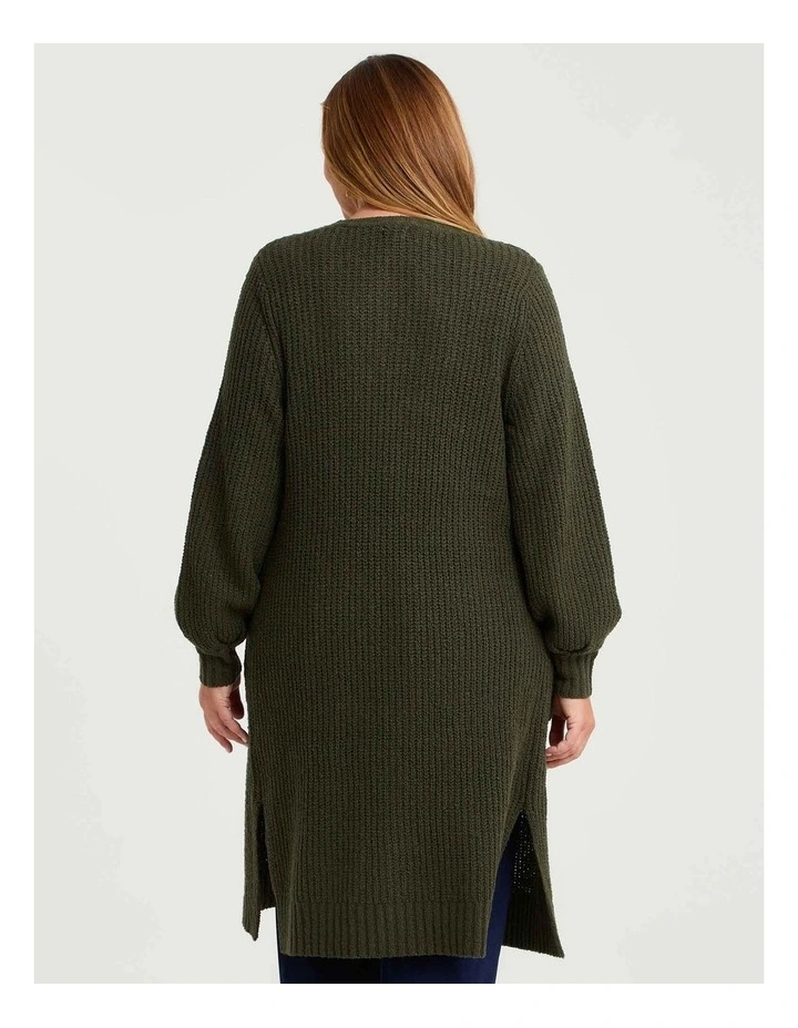 Longline Pocket Rib Cardigan Khaki image 2