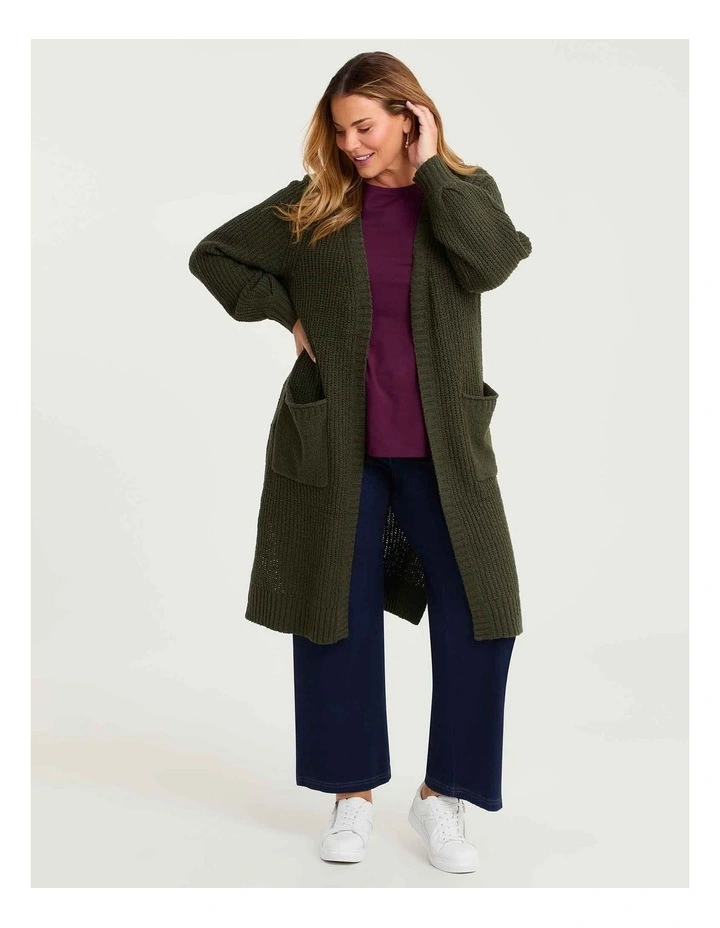 Longline Pocket Rib Cardigan Khaki image 3