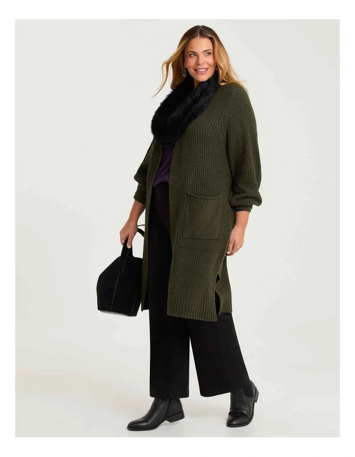 Longline Pocket Rib Cardigan Khaki image 4
