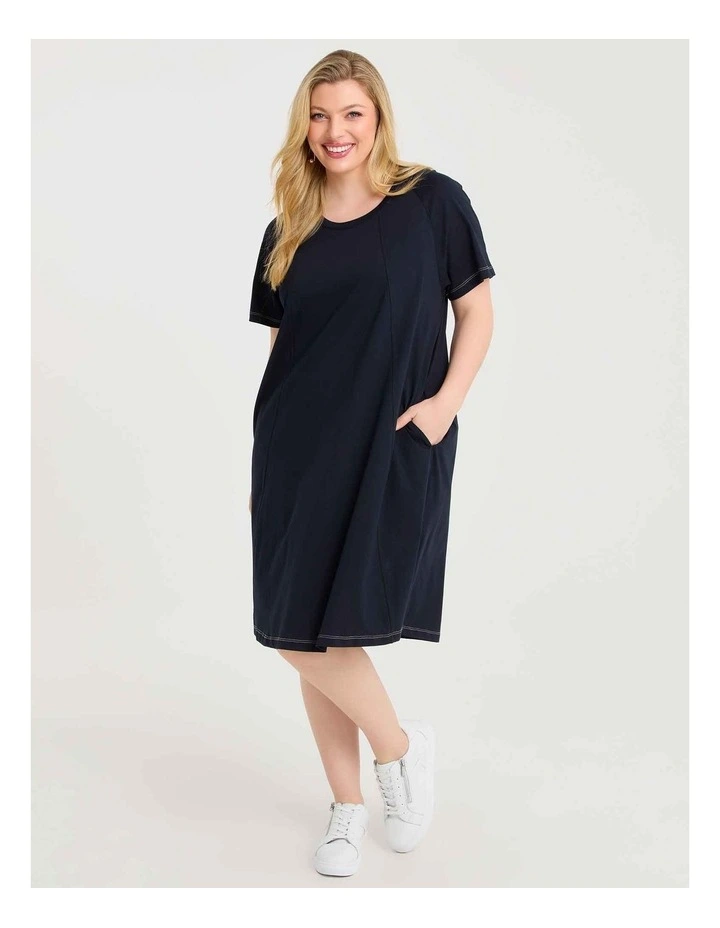 Cotton Seam Detail Dress in Navy image 1