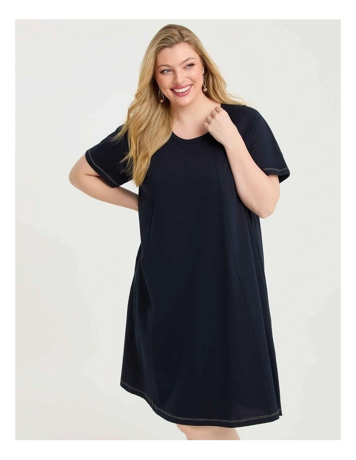 Cotton Seam Detail Dress in Navy image 3