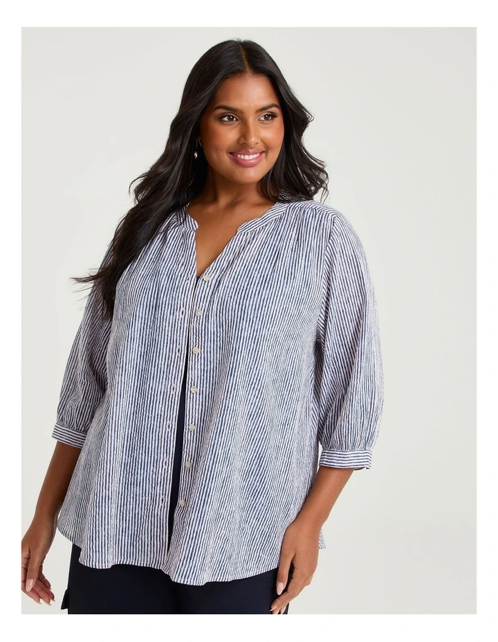 Cotton Stripe Button Top Steel/Blush Pink image 1