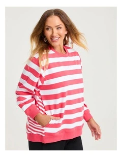 Cotton Mixed Stripe Sweatshirt Poinsettia/white