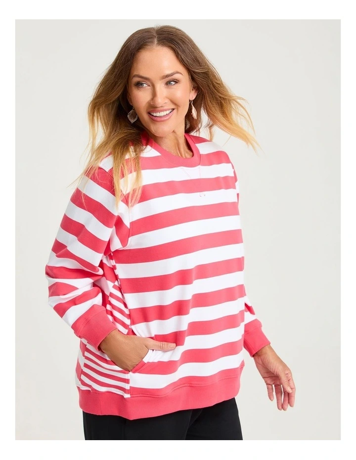 Cotton Mixed Stripe Sweatshirt Poinsettia/white image 1