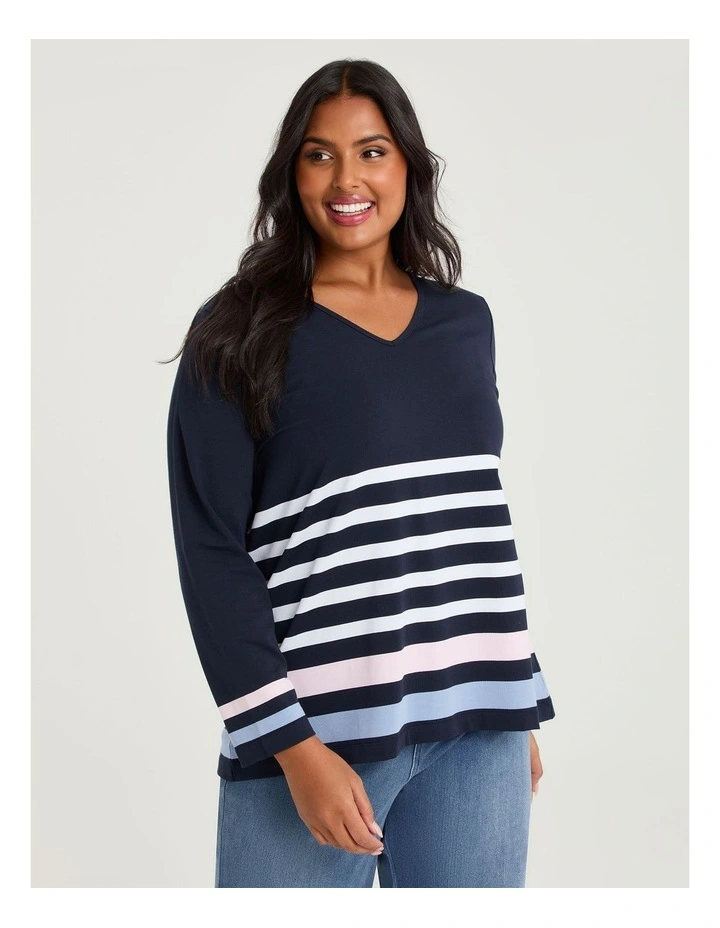Cotton Pastel Stripe V-neck Top Navy/multi image 1