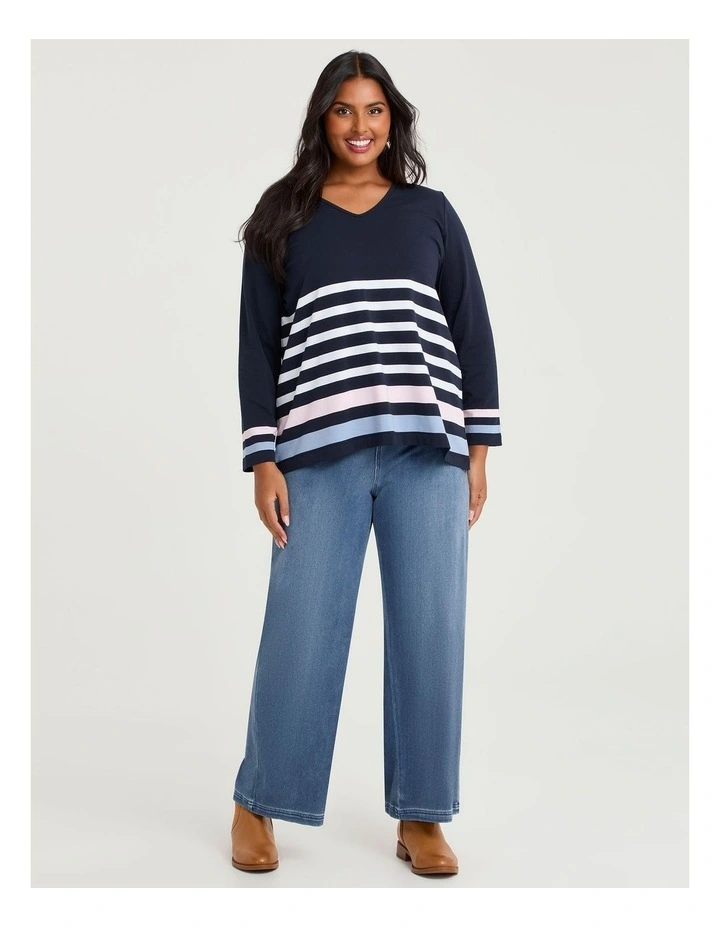 Cotton Pastel Stripe V-neck Top Navy/multi image 3