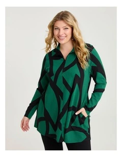 Abstract Zip Collar Ponte Tunic Jade Green/print