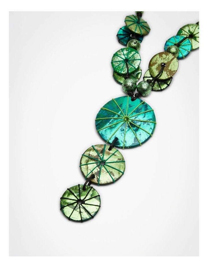 Metallic Foil Long Disc Necklace Green image 3