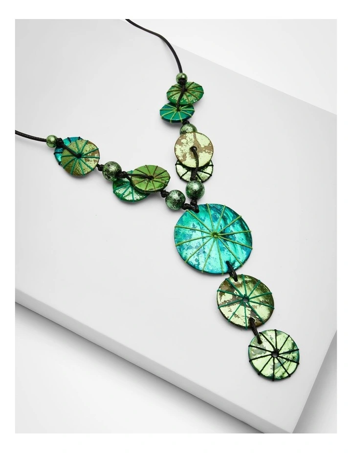 Metallic Foil Long Disc Necklace Green image 4