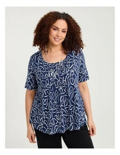 Printed Pintuck Top Navy/white