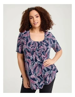 Printed Pintuck Top Navy/pink