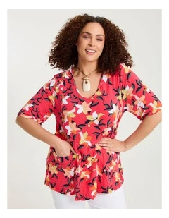 Crushed Print Top Coral/Multi