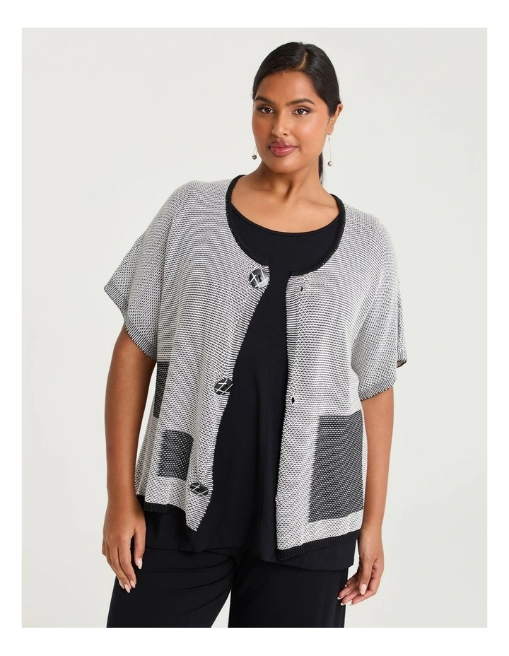 Square Cotton Modal Knit Cardigan Black/beige image 1