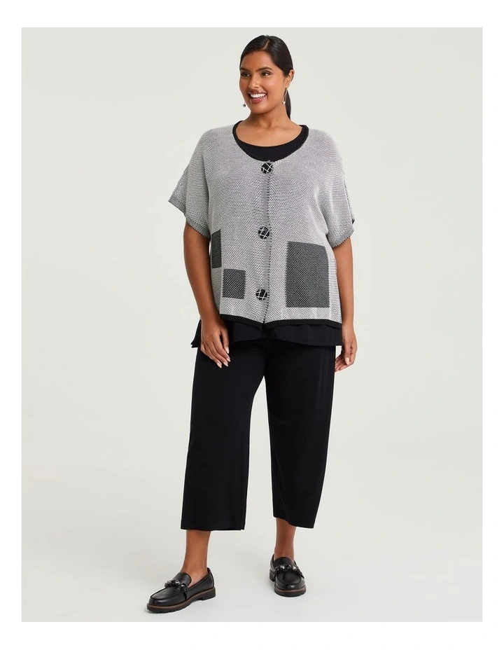 Square Cotton Modal Knit Cardigan Black/beige image 3