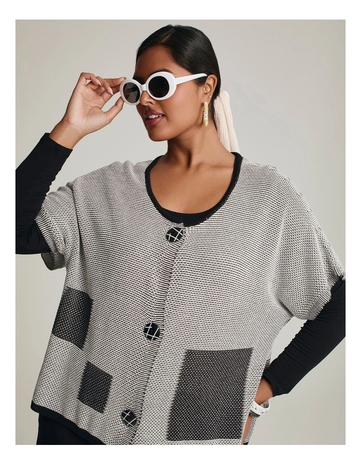 Square Cotton Modal Knit Cardigan Black/beige image 4