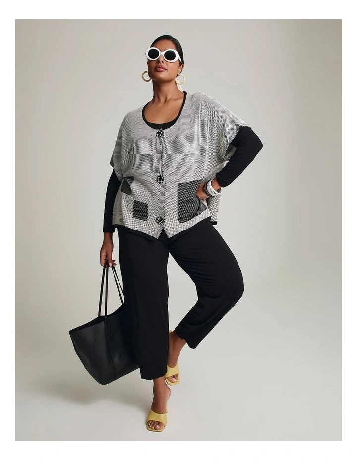 Square Cotton Modal Knit Cardigan Black/beige image 6