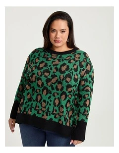 Leopard Batwing Wool Mix Jumper Green Leopard