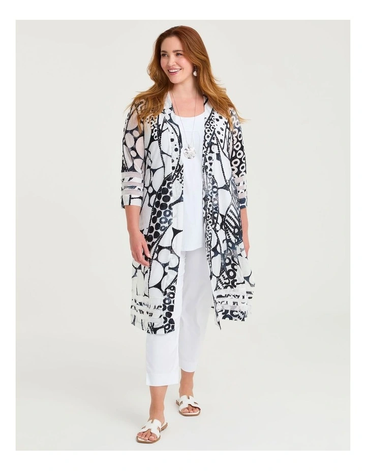 Mesh Trim Burnout Long Cardigan Black/white Print image 1