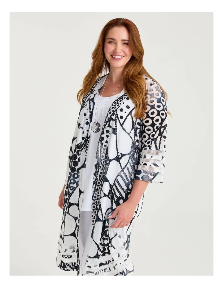 Mesh Trim Burnout Long Cardigan Black/white Print image 3