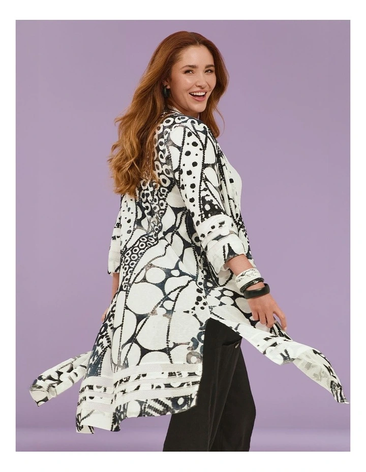 Mesh Trim Burnout Long Cardigan Black/white Print image 4