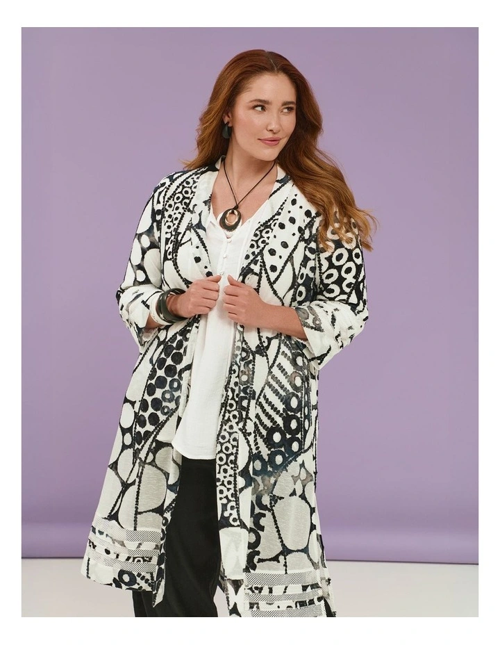 Mesh Trim Burnout Long Cardigan Black/white Print image 5