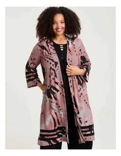 Mesh Trim Burnout Long Cardigan Tea Rose Black Print