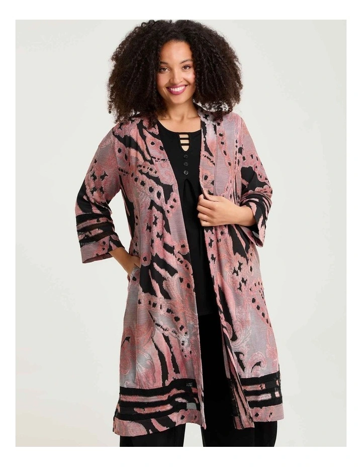 Mesh Trim Burnout Long Cardigan Tea Rose Black Print image 1