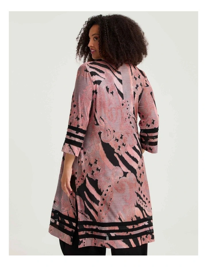 Mesh Trim Burnout Long Cardigan Tea Rose Black Print image 2