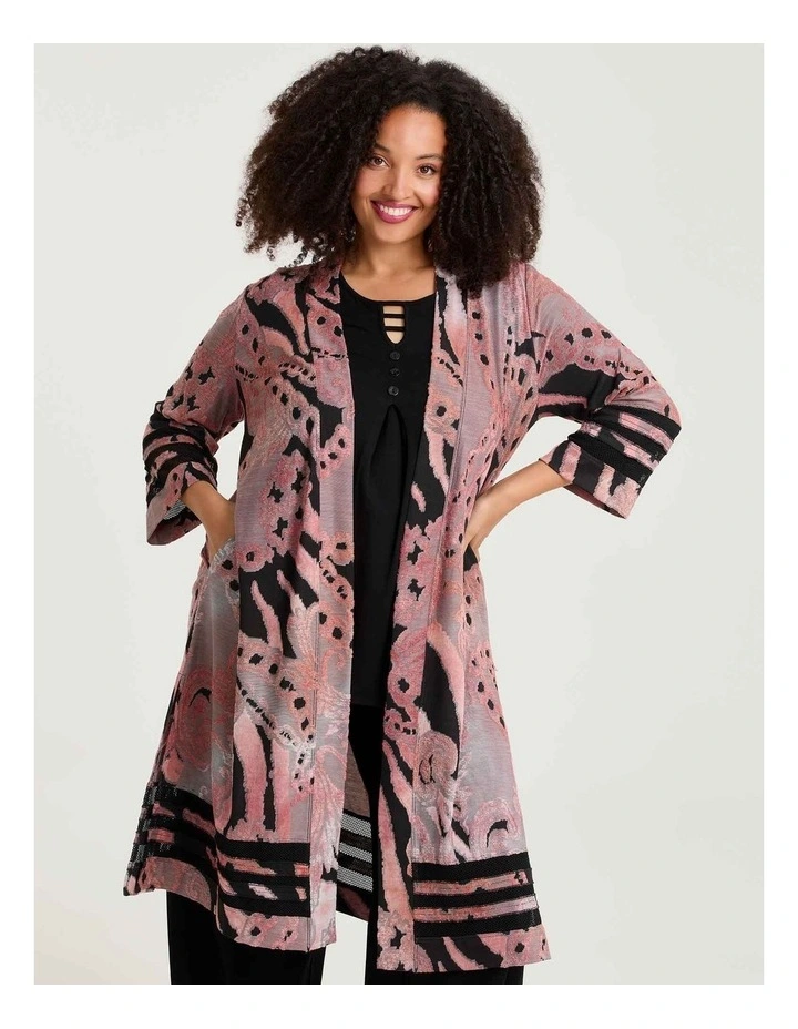 Mesh Trim Burnout Long Cardigan Tea Rose Black Print image 3