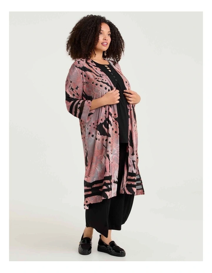 Mesh Trim Burnout Long Cardigan Tea Rose Black Print image 4