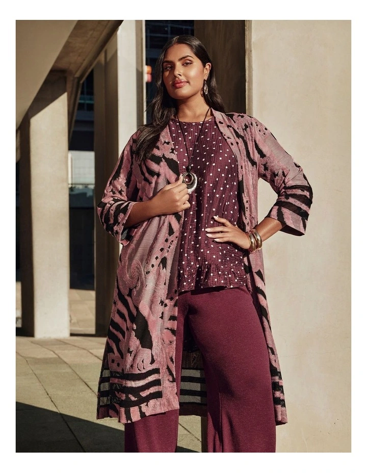 Mesh Trim Burnout Long Cardigan Tea Rose Black Print image 5