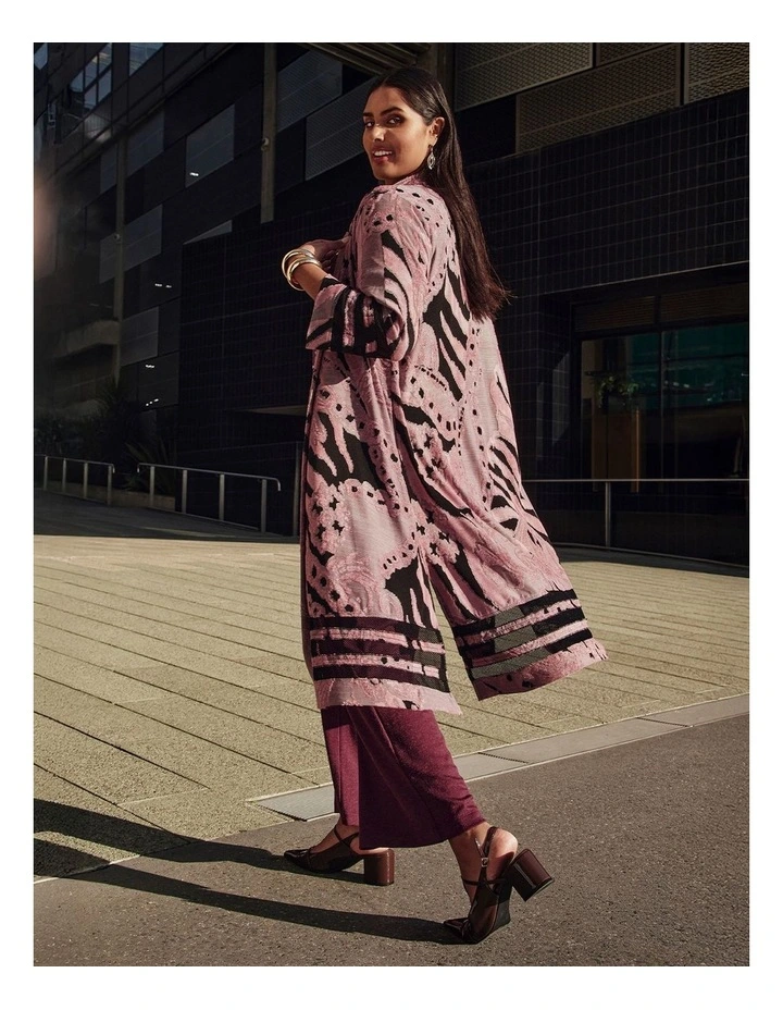 Mesh Trim Burnout Long Cardigan Tea Rose Black Print image 6