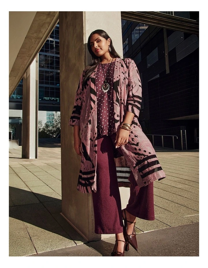 Mesh Trim Burnout Long Cardigan Tea Rose Black Print image 7