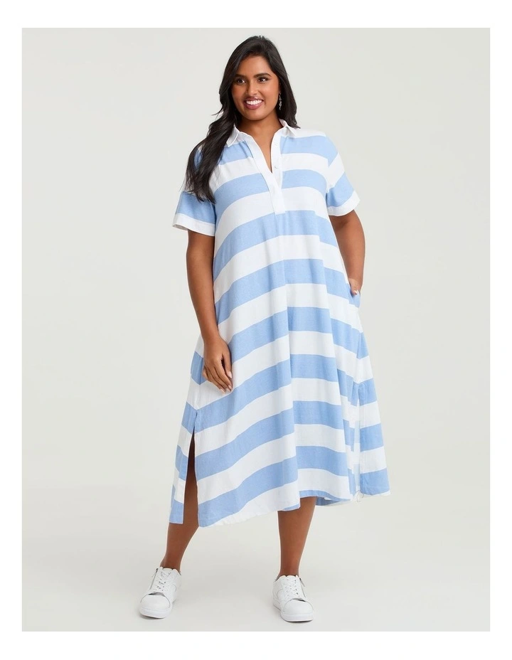 Cotton Maxi Polo Dress Cornflower/off White image 1