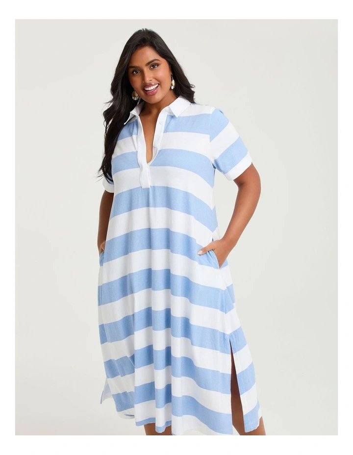 Cotton Maxi Polo Dress Cornflower/off White image 3
