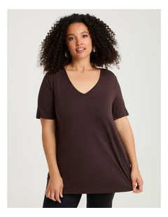 Bamboo Base V Neck S/slv Top Chocolate Plum